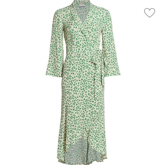 Ganni green leaf crepe wrap dress - Picture 2 of 11